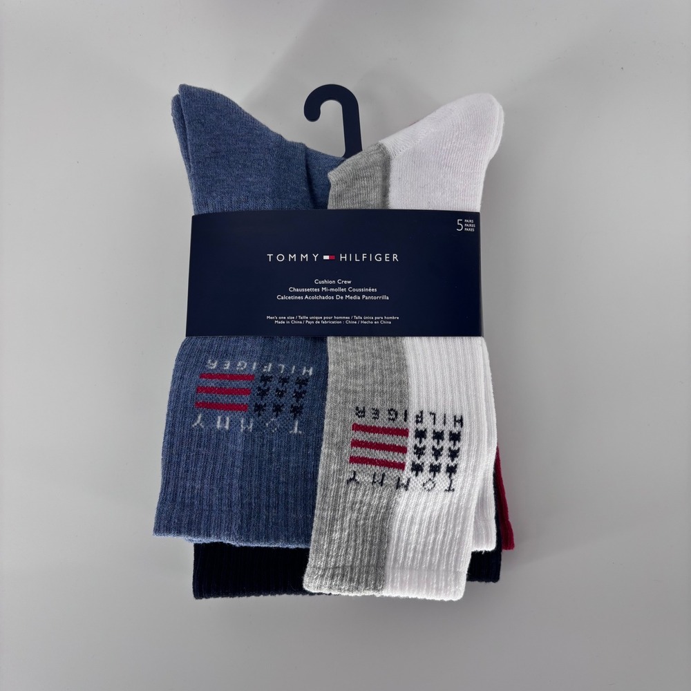 Tommy Hilfiger USA Cushion Crew Socks Mens One Size Assorted 5 Pair New NWT Logo